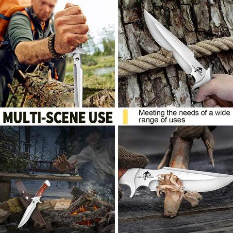 Fixed Blade Camping Knife With Sheath 6 Inch Outdoor Knife Full Tang 440C Steel Bushcraft Knife With Redwood Handle in use.