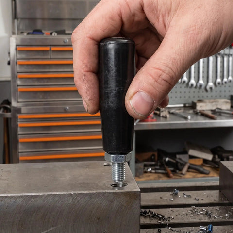 OUNONA 4 Pack Rotational Handwheel with M10x80 Thread Screw Crank Handle Grip in use on a metal workbench.