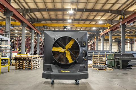 Heavy Duty Portable Swamp Cooler With Killer 36 Inch Fan And 46 Gallon Tank in a warehouse setting.