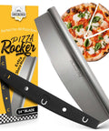 Pizza rocker knife by Checkered Chef, 14-inch stainless steel blade with black plastic sheath, front view.
