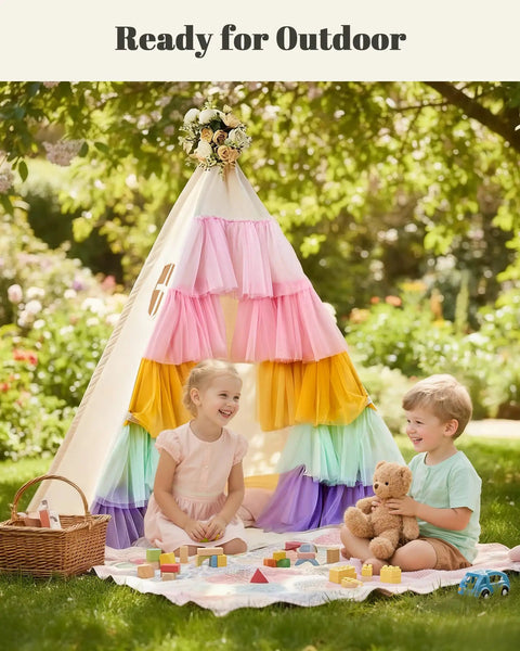 Kids Teepee Tent Indoor Playhouse With Star Lights And Rainbow Gauze Tulle Foldable Princess Style Play Tent for girls outdoors