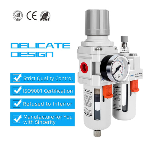 Half Inch NPT Pro Grade All In One Filter Regulator Lubricator Combo With Water And Oil Trap Separator Gauge 0 To 150 Psi Poly Bowl