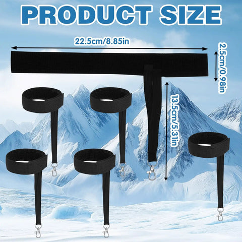 Winter Ski Gloves With Elastic Wrist Straps And Safety Straps For Snowboarding And Mountaineering Includes Keychains Durable Outdoor Gear For Men Built For Tough Conditions. Close-up of black elastic wrist straps with dimensions over snowy mountain landscape.