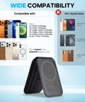 Genuine Leather Magnetic Wallet for MagSafe with Stand, 6 Card Slots, RFID Blocking shown with compatible iPhone series.