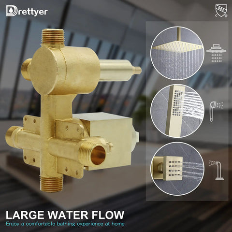 Brushed Gold 3 Way Shower Valve Kit With Concealed Brass Diverter and Flow Control, shown with three outlet mixer features.