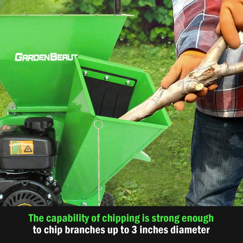 Person using 3 In 1 Wood Chipper Shredder Mulcher MF30 Heavy Duty Gas Powered 7HP 212cc With 3 Inch Capacity For Wood Leaves And Limbs
