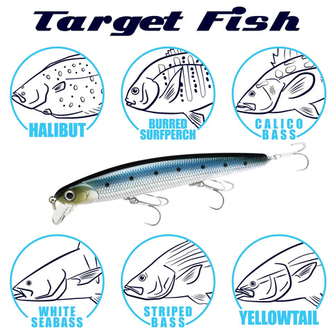FlashMinnow 110 Ghost Series Saltwater Jerkbait, slow suspending lure with hooks, target fish illustrations including halibut and bass.