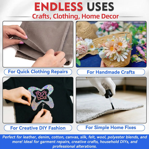 Image showing Permanent Fabric Glue That Sticks Like A Dream used for clothing repairs, handmade crafts, DIY fashion, and home fixes.