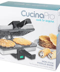 Authentic Italian Pizzelle Maker Electric Baker Press with two 5 inch cookies, non-stick plates for festive desserts.