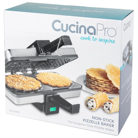 Authentic Italian Pizzelle Maker Electric Baker Press with two 5 inch cookies, non-stick plates for festive desserts.