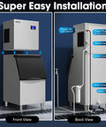 Front and back view of Commercial Ice Maker Machine 550 Lbs Per Day 22 Inch Wide Industrial Ice Machine With Large Storage Bin