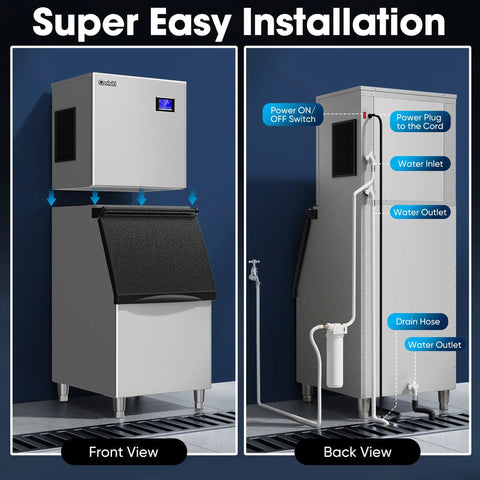 Front and back view of Commercial Ice Maker Machine 550 Lbs Per Day 22 Inch Wide Industrial Ice Machine With Large Storage Bin