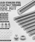 52 Piece Stainless Steel M6 Hardware Kit With 10 Inch Threaded Rods, Hex Lock Nuts, Acorn Cap Nuts, And Flat Washers, Your Go To DIY Furniture Builds For Home Projects And General Hardware Repairs. M6 stainless steel threaded rods, nuts, and washers laid out