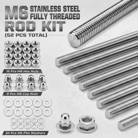 52 Piece Stainless Steel M6 Hardware Kit With 10 Inch Threaded Rods, Hex Lock Nuts, Acorn Cap Nuts, And Flat Washers, Your Go To DIY Furniture Builds For Home Projects And General Hardware Repairs. M6 stainless steel threaded rods, nuts, and washers laid out