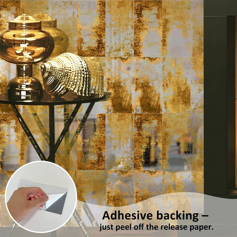 Antique Mirror Effect Peel And Stick Wall Panels Set Of 35 In Gatsby Gold Brown Acrylic for rustic modern decor, adhesive back shown.