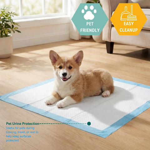 Top Shelf Super Absorbent Disposable Underpads 17 X 24 Inches Bone Dry Finish 100 Count Leak Proof Chux Pads Game Changer For Nighttime Wetness Quick Cleanup with a smiling puppy on pad.