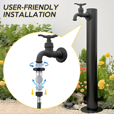 180 Degree And 360 Degree Swivel Garden Hose Connector Extender For 3/4 Inch GHT Faucets No Kink Hose Bib Adapter Fits Standard Hoses And Sprinklers And RV Hookups For Outdoor Watering black outdoor faucet installed with 360° and 180° swivel