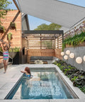 5 By 7 Foot Gray Sun Shade Sail Straight Edge Canopy over poolside patio, providing UV blocking, easy install with durable ropes.