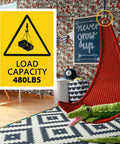 Room with hanging chair, 304 Stainless Steel D Shaped Locking Quick Link Carabiner visible, load capacity 480 lbs sign.