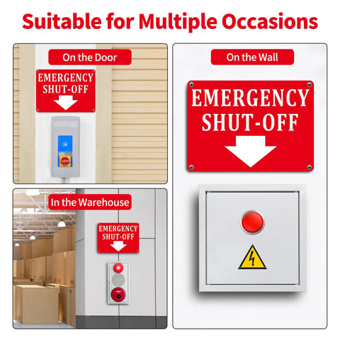 2 Pack Aluminum Emergency Shut Off Sign With Down Arrow Reflective Weatherproof Rust Free Safety Sign For Doors And Walls Compliant And Easy To Install 10x7 Inches Red, installed on various surfaces like doors and walls.