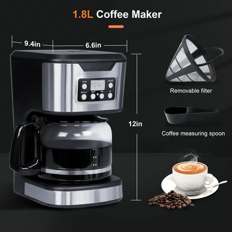 Programmable 12 Cup Coffee Maker With Keep Warm Function, Fully Automatic Drip Coffee Machine, 1 To 4 Cup Setting, 900W Power, Stainless Steel Finish
