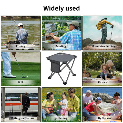 Lightweight Camping Stool Portable Folding Seat for Camping Hiking Fishing Beach Picnics and Travel with Carry Bag Grey Ultralight Durable Sit Anywhere On The Go Outdoor Gear shown with various outdoor activities like fishing, picnics, and gardening.