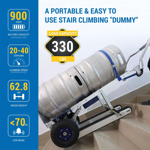 XSTO CT150PB Heavy Duty Electric Stair Climber W/ 330 Lb Load Cap, Caterpillar Track Trolley carrying two kegs up stairs.