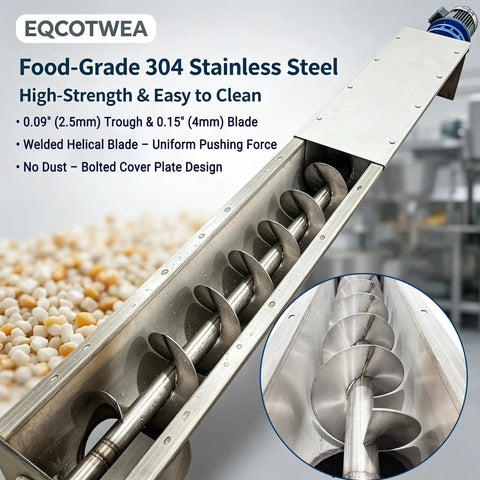 Rock Solid U Trough Screw Conveyor Built Tough From Real 304 Stainless Steel Industrial Auger Feeder for food powder handling, showing helical blades.