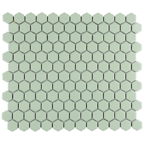Metro Minty Hex Gloss Porcelain Tile For Floors And Walls, 1 Inch Hex, Mesh Mounted Mosaic, High Sheen Finish, Flat View