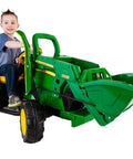 Child on green Peg Perego ride-on tractor showcasing 12 Volt Tractor Motor And Gearbox Replacement Kit Plug And Play For Peg Perego