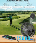 Keep Your Golf Cart Chill On The Road With This Rechargeable Magnetic Fan Featuring 12000 Mah Battery 3 Speed Settings And Bright LED Lantern Light For Smooth Cruising Vibes, illustrating golf cart fan with USB charging.