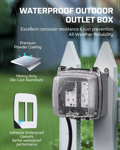 Heavy Duty Outdoor GFCI Outlet Kit With Self Test For Garden And Yard Use Weatherproof Metal Box 20 Amp NEMA 5 20R installed outdoors
