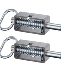 Heavy Duty Trailer Gate Latch With Auto Closing Spring Lock For Weld On Tracks Includes Two Pack close-up of metal latches with springs for secure cargo use