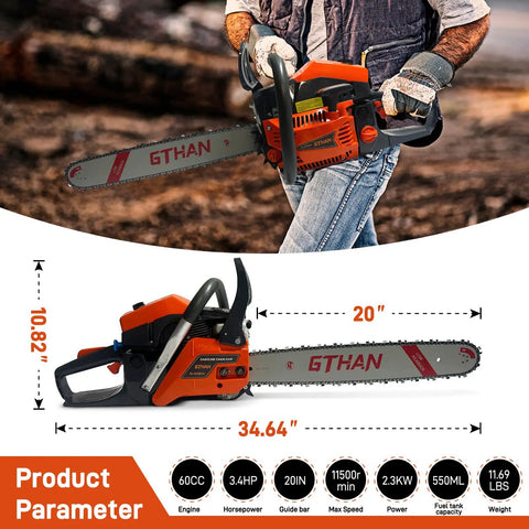 Gas Chainsaw With 60Cc 2 Cycle Engine 4 HP 8500 RPM 20 Inch Bar for Tree Felling and Yard Work, man holding chainsaw in woods