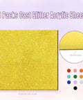 Front view of gold glitter acrylic sheet, 8x8 in, 1/8 in (3 mm) thick, 10-pack with color swatches