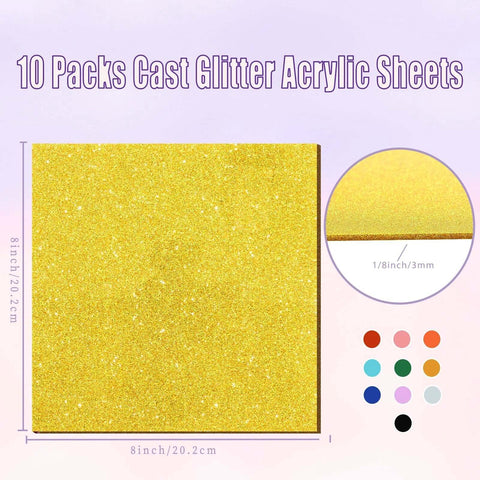 Front view of gold glitter acrylic sheet, 8x8 in, 1/8 in (3 mm) thick, 10-pack with color swatches