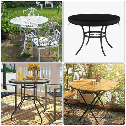 Outdoor Round Table Cover Black 48 Inch Diameter Waterproof and UV Resistant with Drawstring Tie, shown on patio tables.
