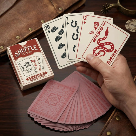 Top Shelf Western Playing Cards Single Deck Featuring Dang Right Authentic Wild West Illustrations held in hand with distinct graphics.