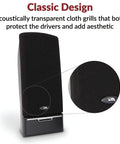 Front view of Compact 2.0 Computer Speakers with full stereo sound, easy setup, space-saving design, and cloth grills.