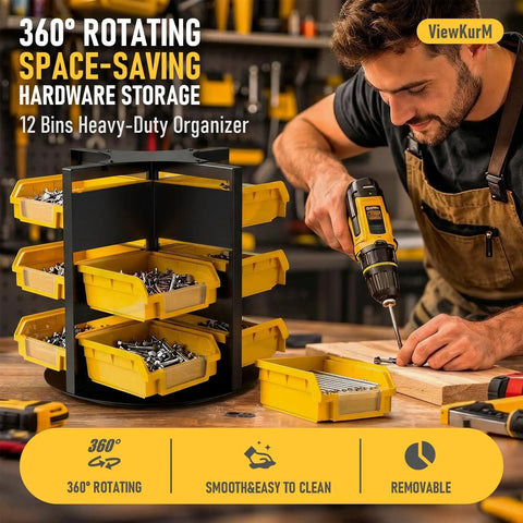 Rotating 360 Degree Screw And Bolt Organizer with 12 small parts bins, ideal for efficient hardware storage in workshops and garages.