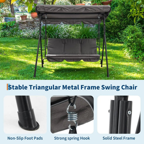 Three Person Outdoor Porch Swing Chair With Adjustable Canopy Breathable Fabric Seat And Backrest Armrests Heavy Duty Frame 600 Lbs Capacity For Patio Backyard Or Garden Gray Ideal For Chill Sessions And Social Evenings outdoors in a garden
