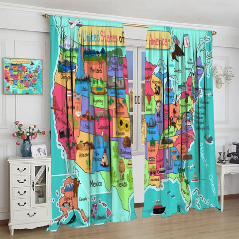 Colorful US Map Curtain Set For Kids Bedroom And Classroom, Cartoon America Design Blackout Window Drapes, 2 Panels, 63x72 Inches