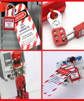 Lockout Tagout Hasp Kit With 10 Hasps And 10 Tags For Electrical Safety, featuring stainless steel hasps with red tags.