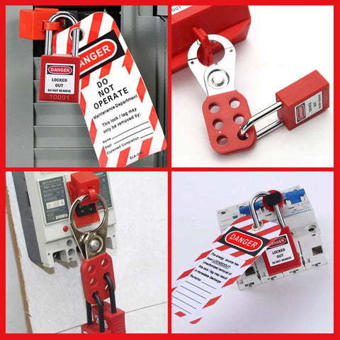Lockout Tagout Hasp Kit With 10 Hasps And 10 Tags For Electrical Safety, featuring stainless steel hasps with red tags.
