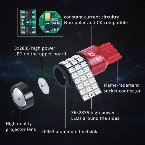 T20 7440 7443 Led Strobe Brake Light Bulbs Red Flashing Stop Lamps with 39 high power LED chips and aluminum heatsink