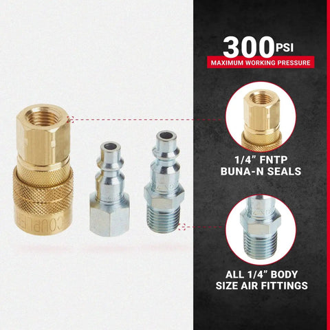 One Quarter Inch NPT M Style Air Coupler And Plug Kit Twelve Piece Set For Quick Change Connects Durable Brass Fittings