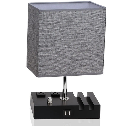Fully Dimmable Table Lamp With Two USB Ports And Two AC Outlets Bedside Lights With Phone Slots Grey Nightstand Lamp For Reading And Living Room LED Bulb Included Stepless 0 To 100 Percent Dimming For Any Mood. Grey lampshade on modern base showing two USB ports and AC outlets