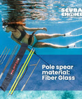Woman underwater with 5 Foot Two-Piece Fiberglass Travel Pole Spear With 3 Tip Set and carry bag shown