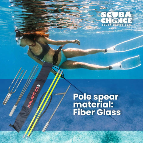 Woman underwater with 5 Foot Two-Piece Fiberglass Travel Pole Spear With 3 Tip Set and carry bag shown