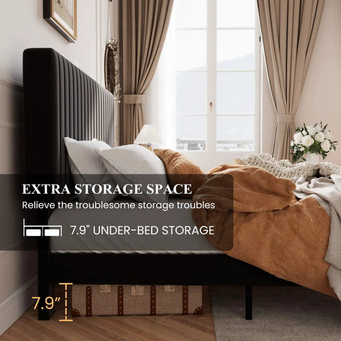 Queen Upholstered Platform Bed Frame With Adjustable Headboard Built Heavy Duty Featuring Dead Silent Wooden Slats For Rock Solid Support Plus Luxe Black Velvet Upholstery showing 7.9-inch under-bed storage.